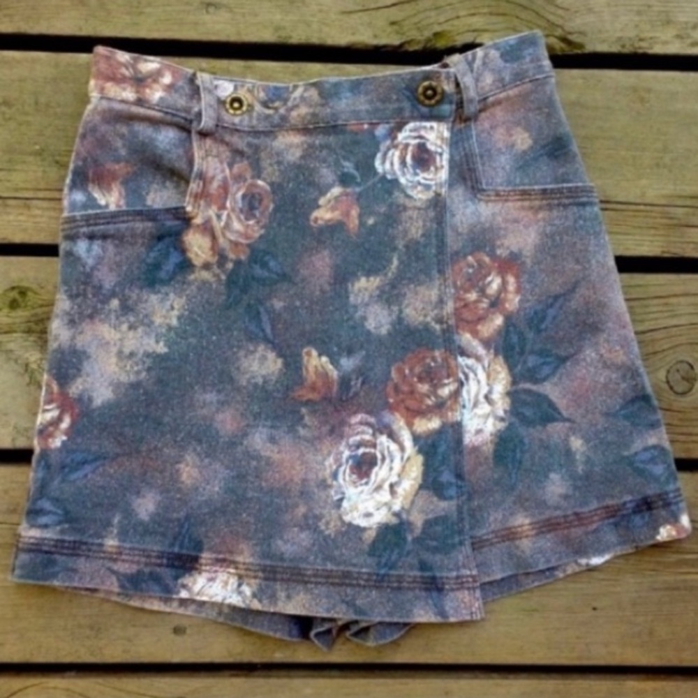 Boho Skirt STEPHANIE Skort Short Floral Colorful Gray Brown Size 2 - 4 XSmall